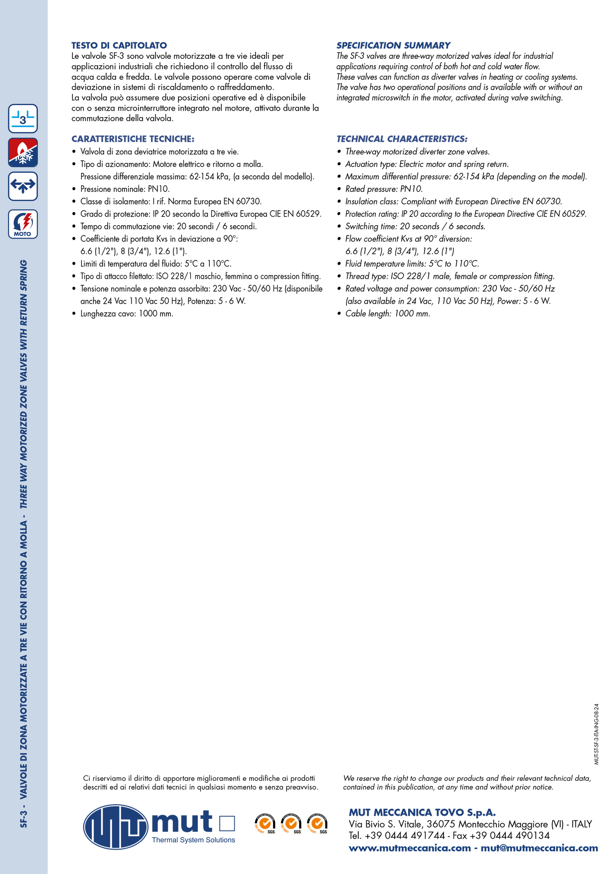 MUT Valvola di zona a 3 vie motorizzata con micro e ritorno a molla per circuiti idraulici - SF-3