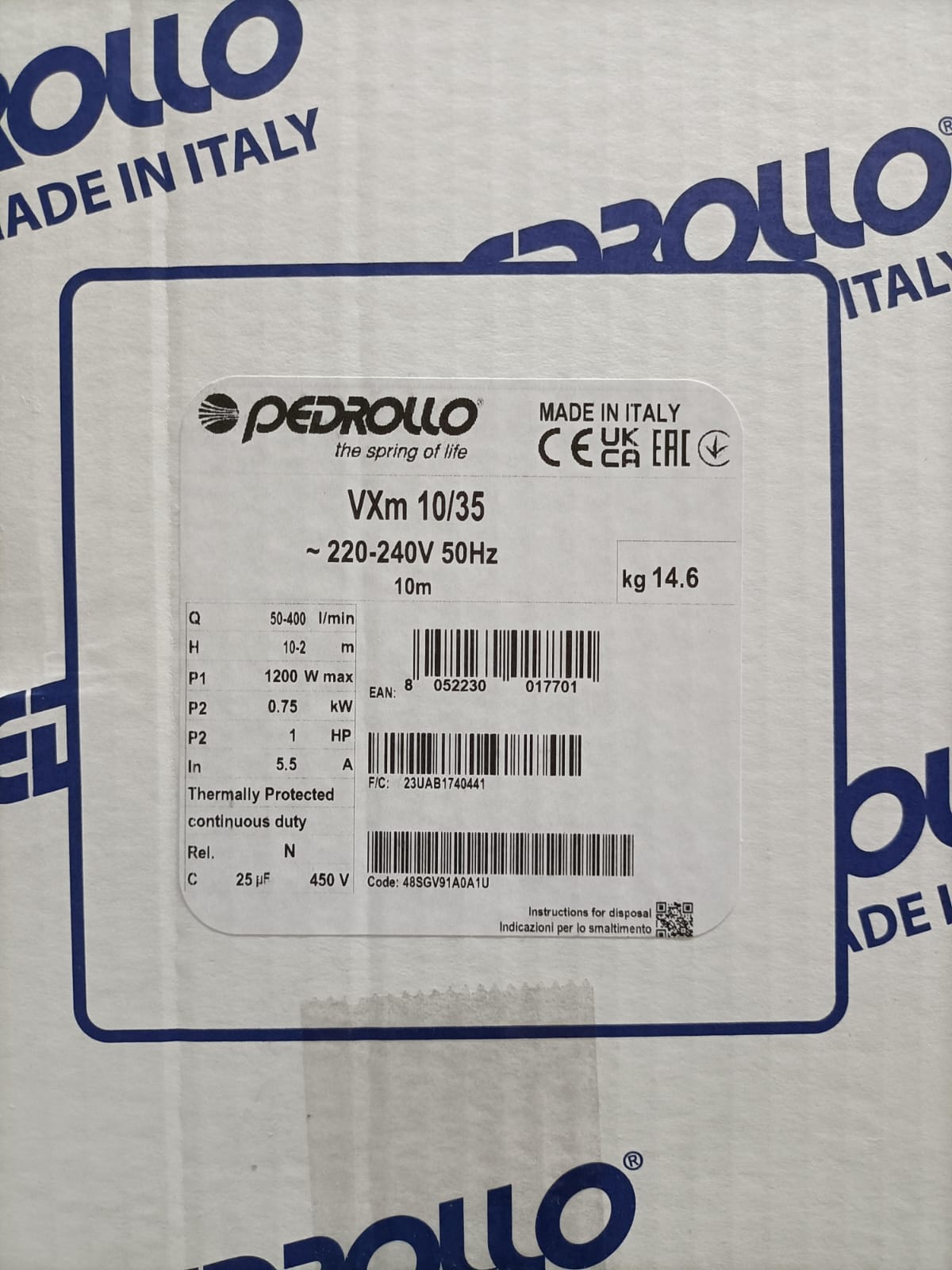 PEDROLLO VXm 10/35 elektrische Tauchpumpe zur Entleerung von Klärgruben und Abwasser, 10 METER KABEL