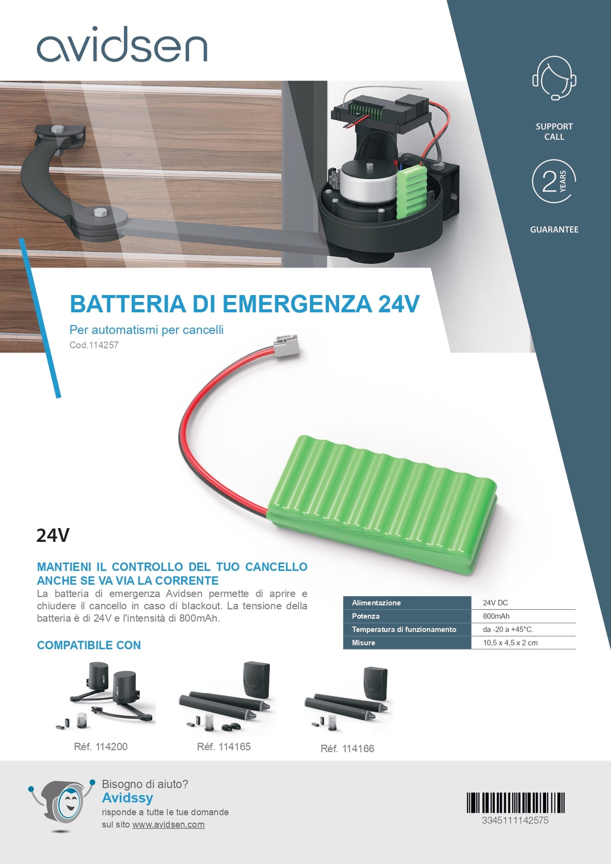 Avidsen Batteria di emergenza per cancelli battenti 24V
