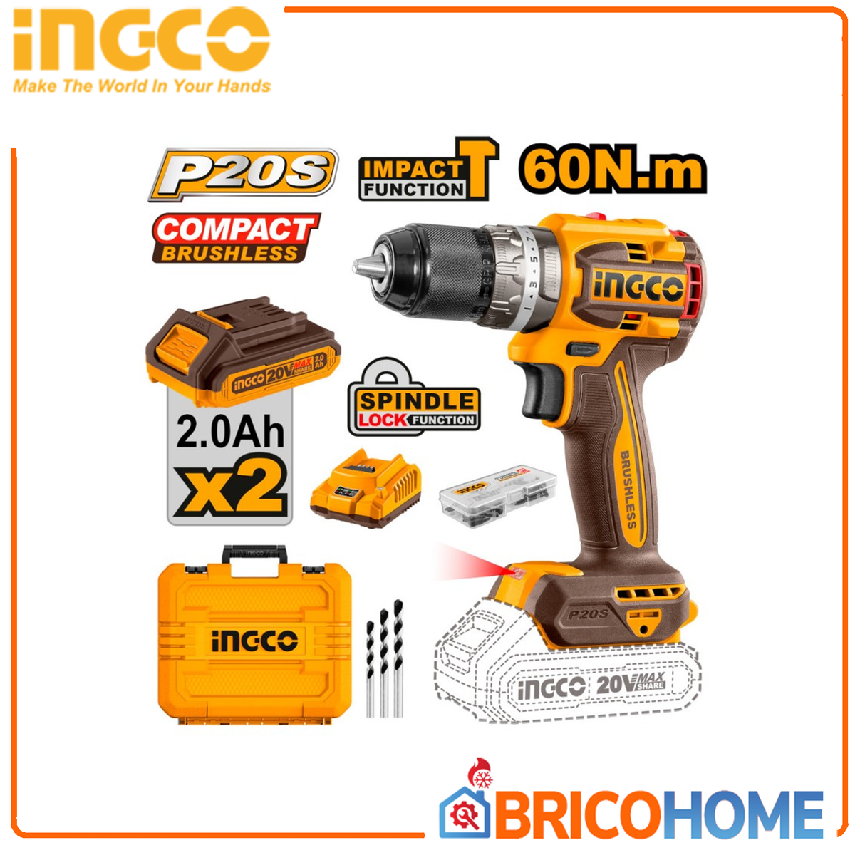 KOMPAKTER Bohrschrauber mit Schlagwerk 20V 60Nm BRUSHLESS mit 2 Batterien - INGCO
