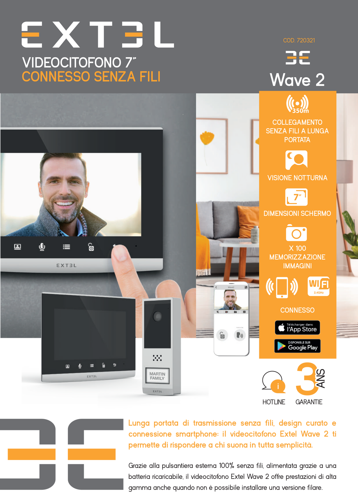 Videocitofono connesso Wi-Fi - senza fili portata fino a 350 metri - EXTEL Wave 2