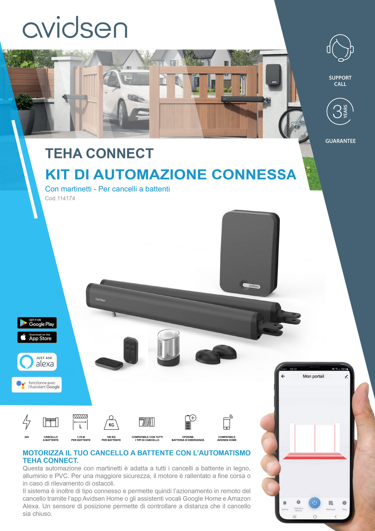 Avidsen Kit automazione per cancelli a 2 battenti 24V connessa Teha Connect Wi-Fi - 114174