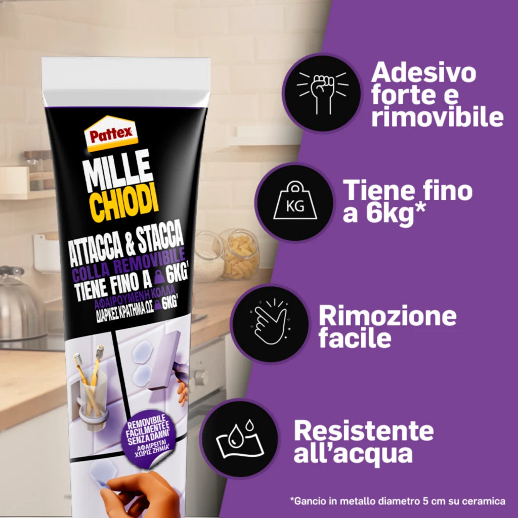 PATTEX - Millechiodi Attacca & Stacca | 44g | Trasparente | Rimovibile | 6kg | Impermeabile