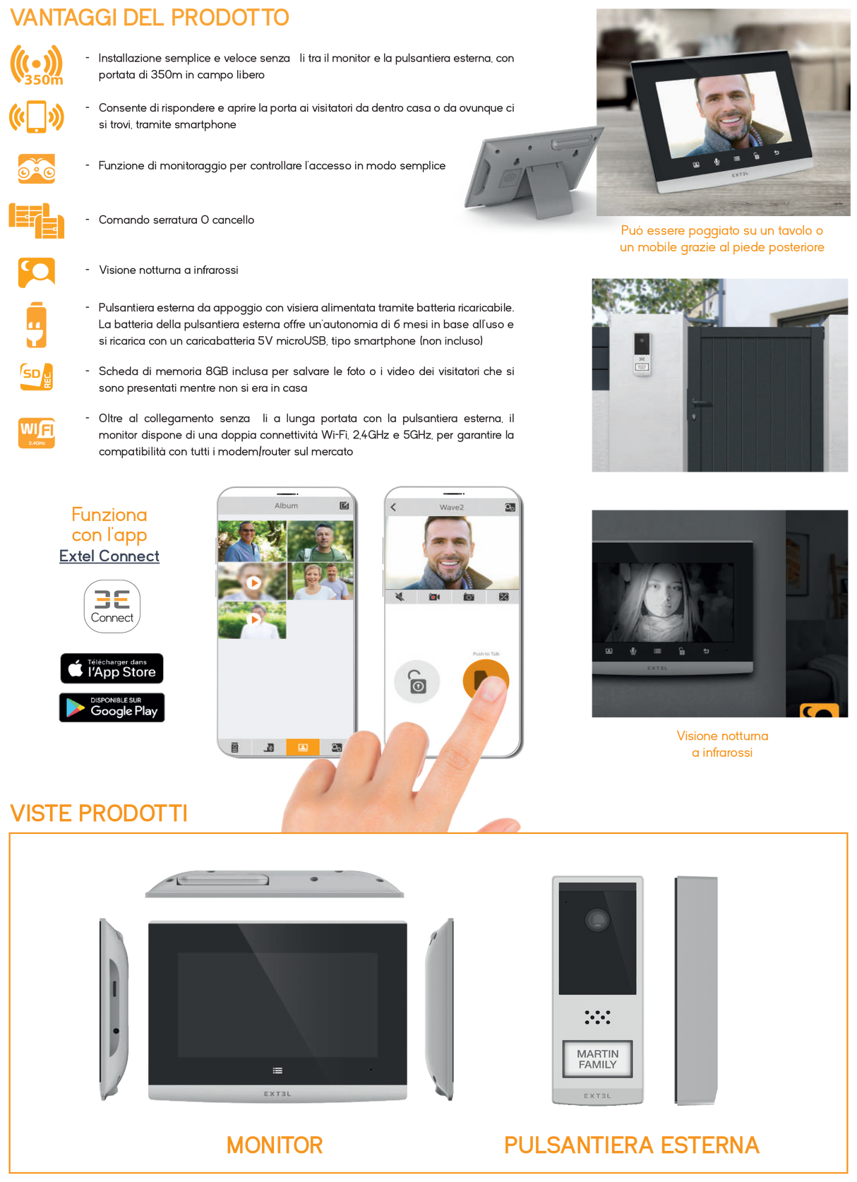 Videocitofono connesso Wi-Fi - senza fili portata fino a 350 metri - EXTEL Wave 2
