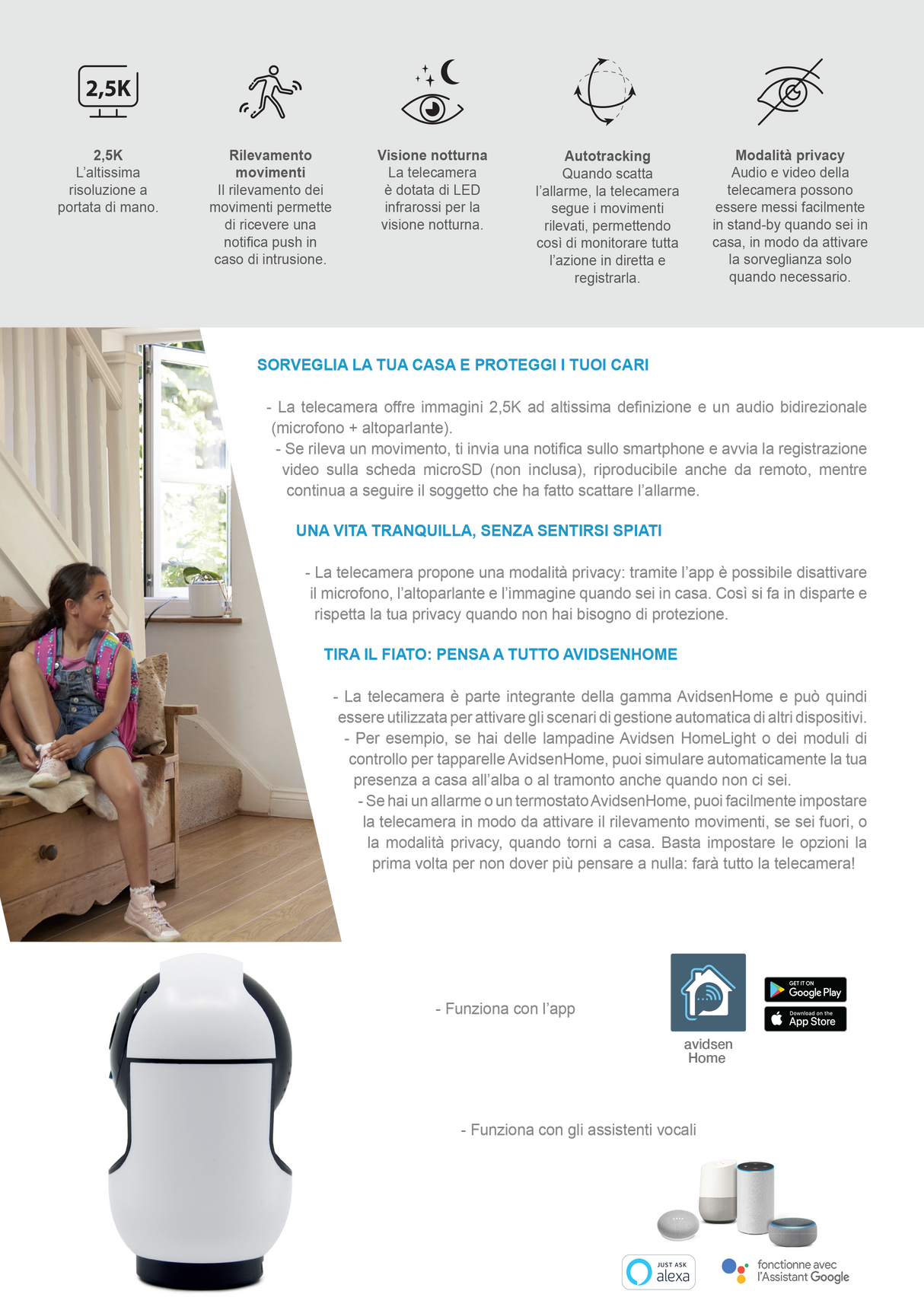 Avidsen Telecamera IP Wi-fi motorizzata per interni 2,5K 360° HomeCam Indoor