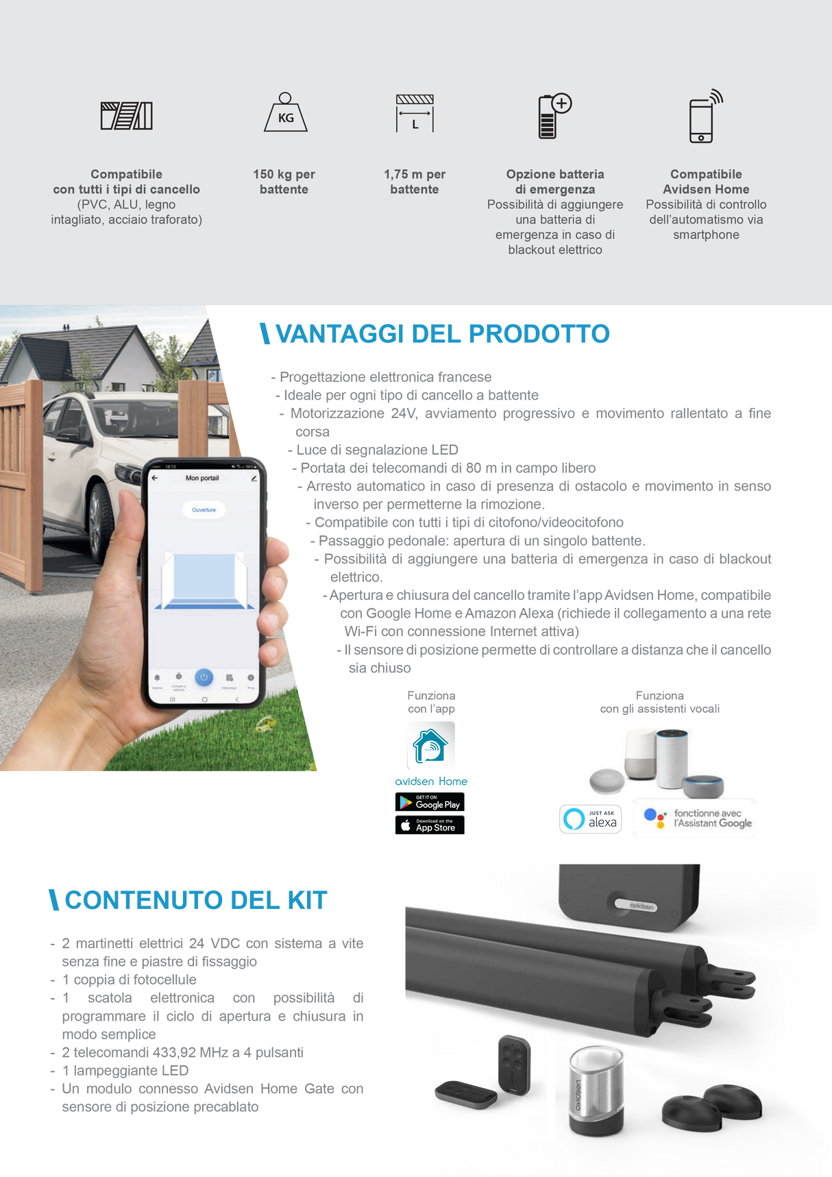 Avidsen Kit automazione per cancelli a 2 battenti 24V connessa Teha Connect Wi-Fi - 114174
