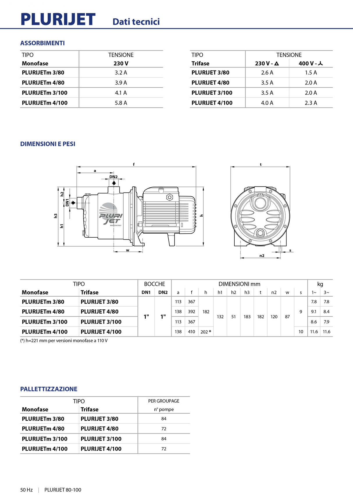 PEDROLLO PLURIJETm 3/100X 0,75 PS leise selbstansaugende Elektropumpe mit mehreren Laufrädern