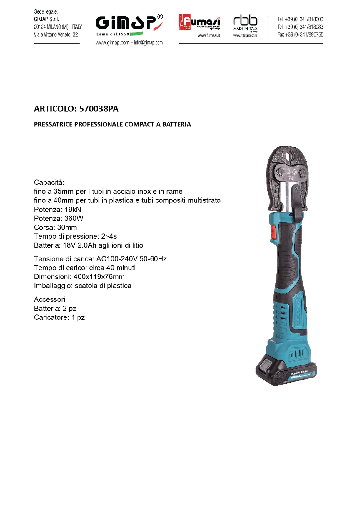 Fumasi Pressatrice Professionale Compact a Batteria – 570038PA (Senza Matrici)