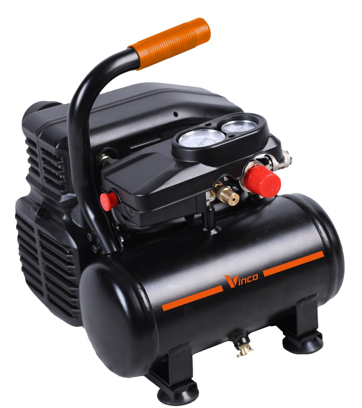 VINCO 60800 compressore oil-free 6 litri nero con maniglia arancione, manometri e regolatore di pressione