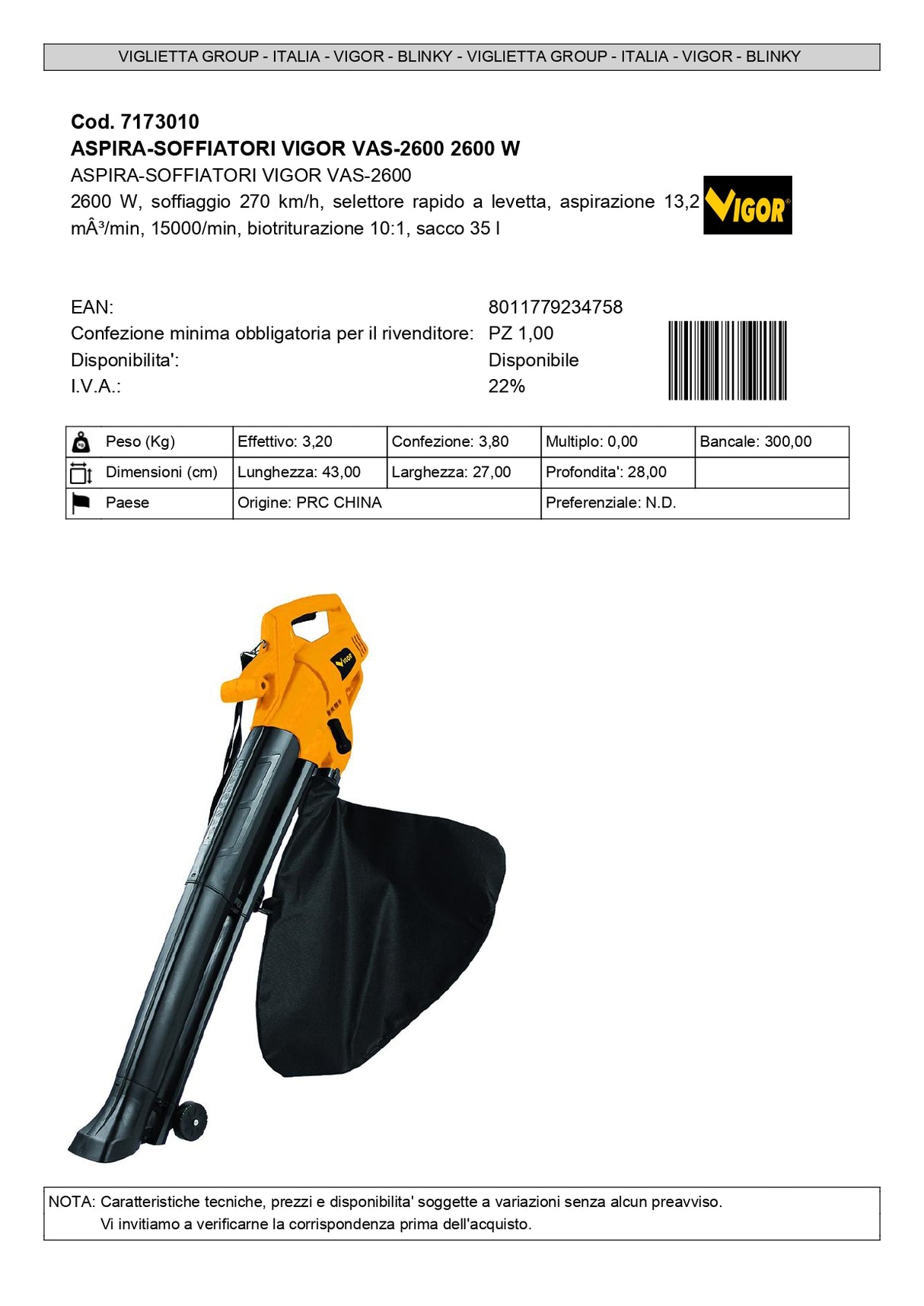 Vigor Soffiatore aspiratore 2600W VAS-2600