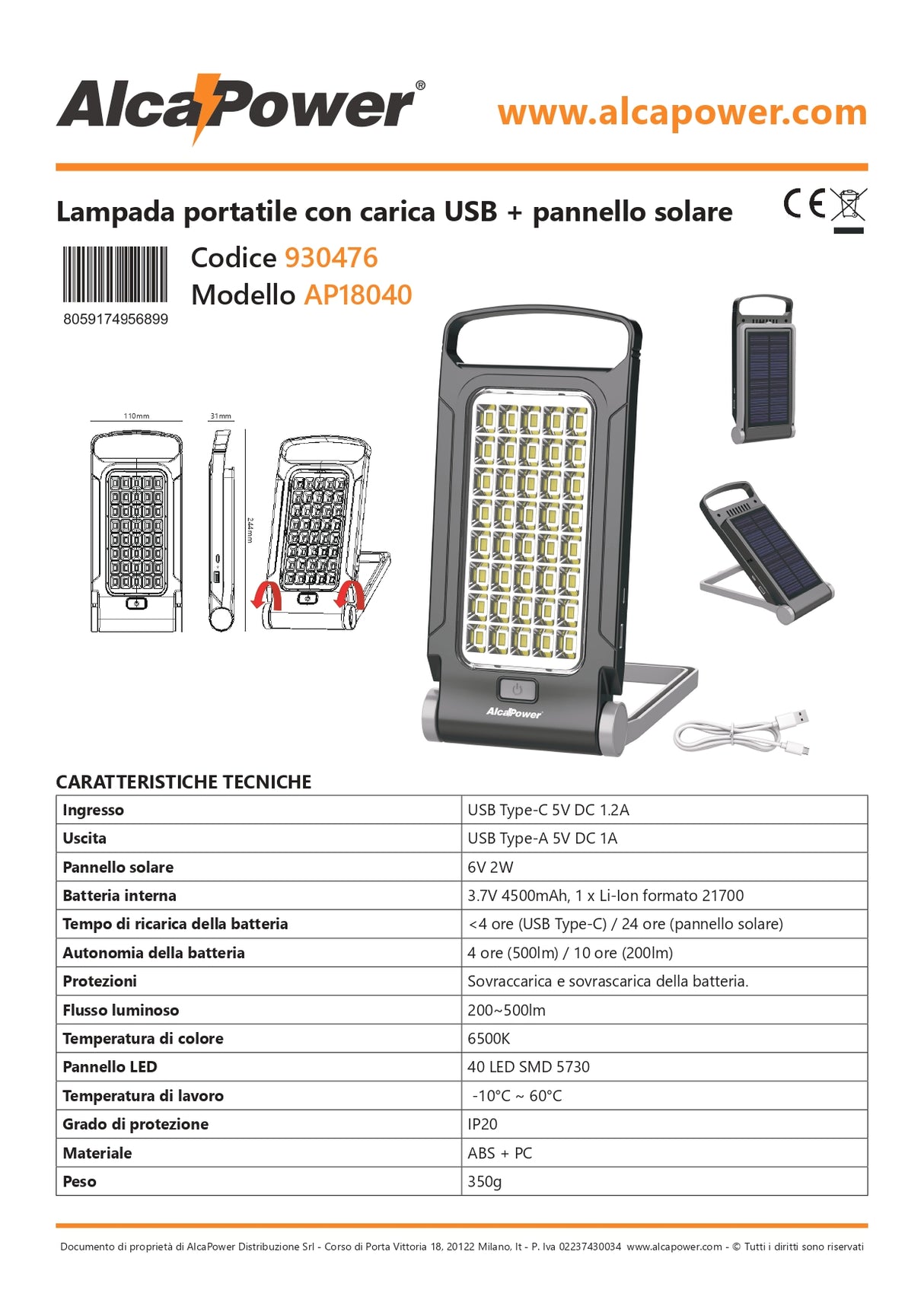 Alcapower Lampada Portatile 40 LED con Pannello Solare e Ricarica USB - 930476