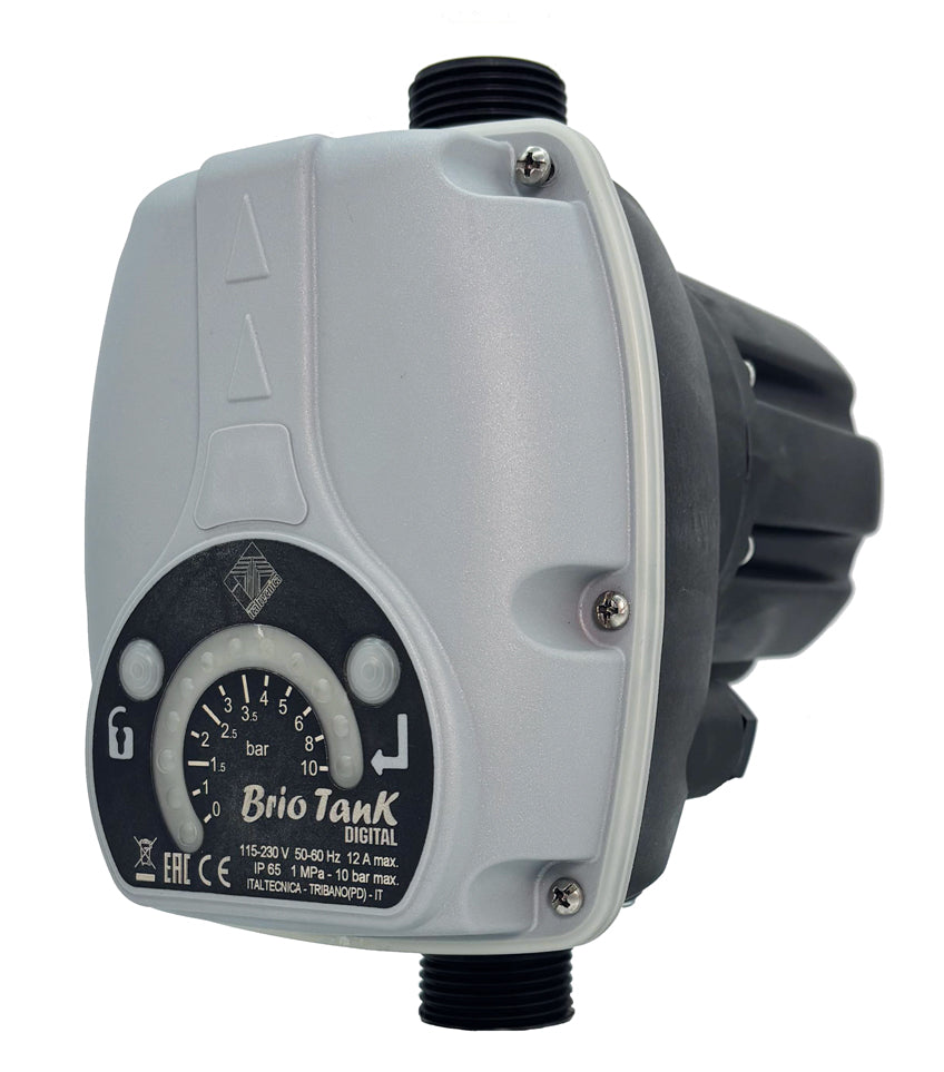 Italtecnica - Brio Tank Digital | Pressostato Digitale per Elettropompe | Vaso Espansione 0,4L Integrato | Anti-Colpo d'Ariete | IP65 | 1-4 bar | Made in Italy