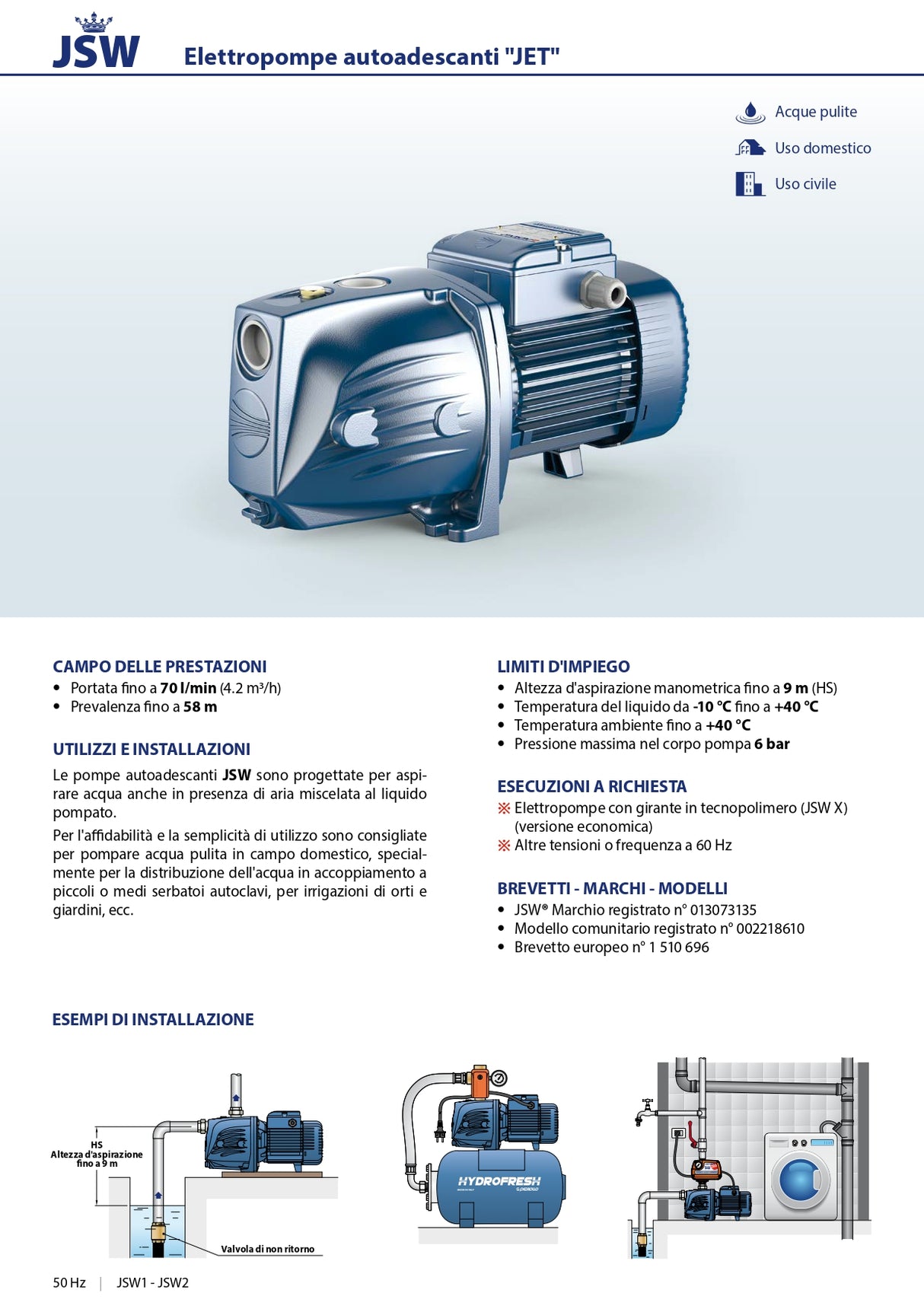 PEDROLLO JSWm 2A selbstansaugende Elektropumpe mit Laufrad aus Edelstahl AISI 304