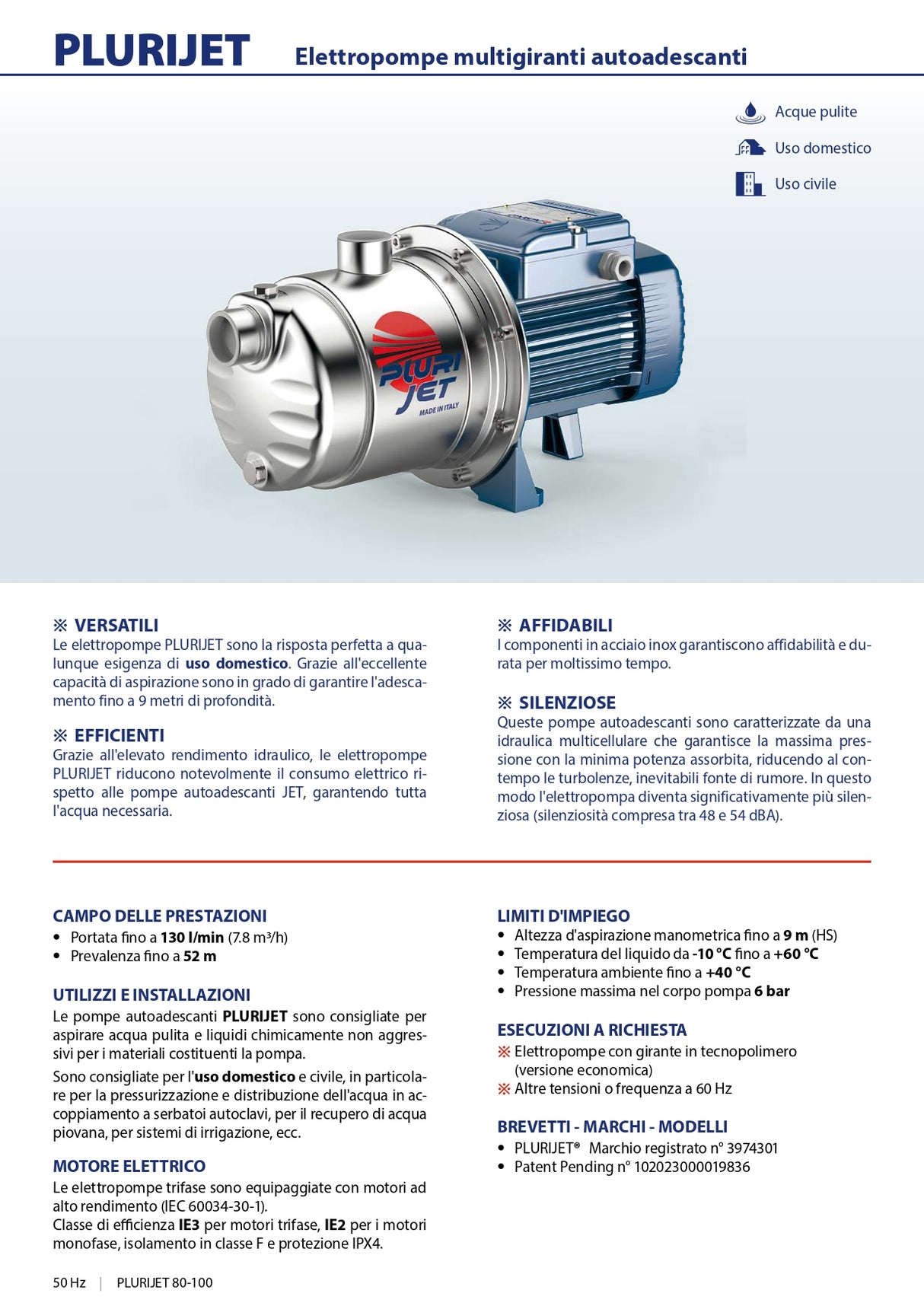 Pedrollo PLURIJETm 4/80 0,75 PS leise selbstansaugende Elektropumpe mit mehreren Laufrädern