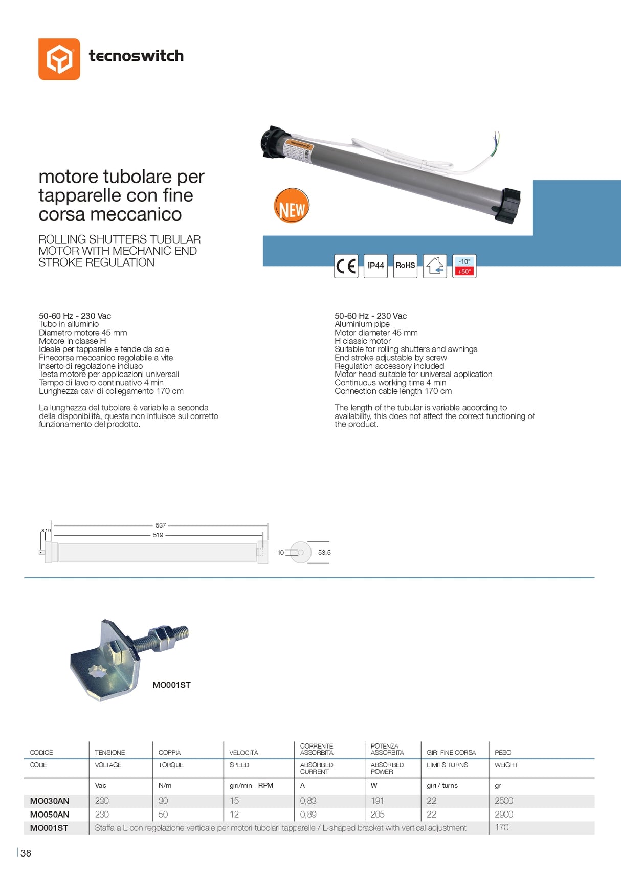 30NM Rohrmotor für Rollläden mit mechanischem Endschalter - MO030AN
