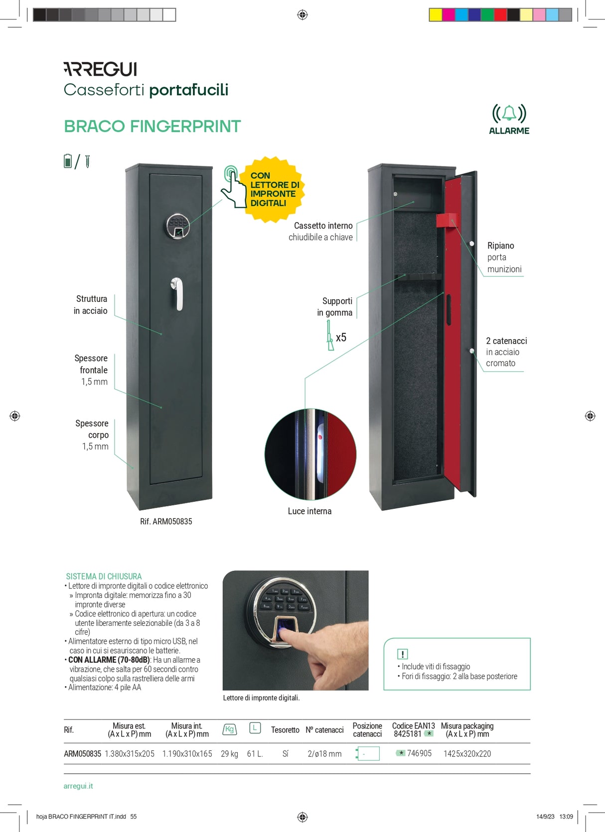 Armadio Portafucili a 5 posti con tesoretto e serratura elettronica con impronte digitali Domus Arregui ARM050835