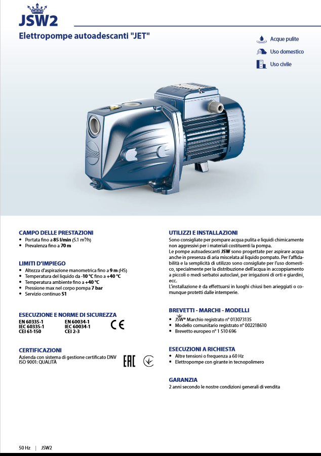 Elettropompa autoadescante PEDROLLO JSWm 2AX  - 1.5 HP - per autoclave - RICONDIZIONATO