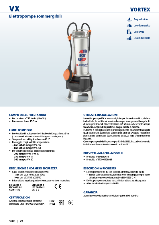 Elettropompa sommergibile PEDROLLO VXm 15/35 per drenaggio pozzi neri e liquami CAVO 10 METRI