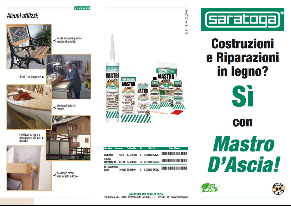 Colla per costruzioni in legno poliuretanica resistente all’acqua 100ml - Mastro d’Ascia SARATOGA
