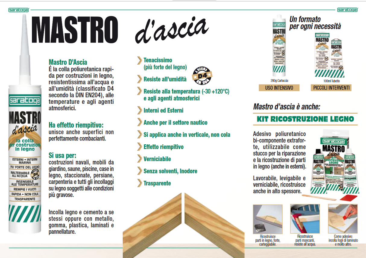 Colla per costruzioni in legno poliuretanica resistente all’acqua 100ml - Mastro d’Ascia SARATOGA