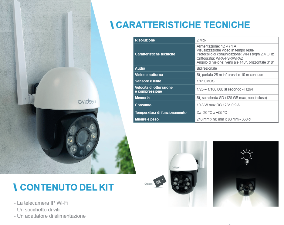 Avidsen Telecamera IP per esterno motorizzata WI-FI Full HD 1080p HomeCam 3PTZ