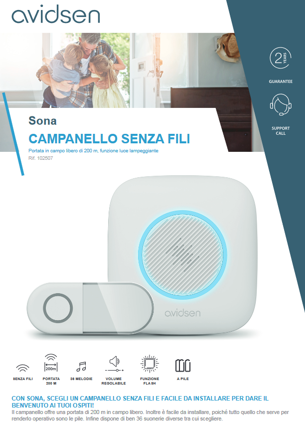 Suoneria campanello senza fili con luce lampeggiante e batteria, portata 200 metri - Avidsen