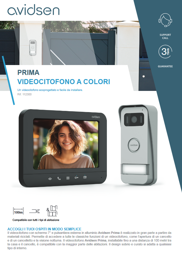 Avidsen Videocitofono a colori 2 fili con schermo 7'' Prima