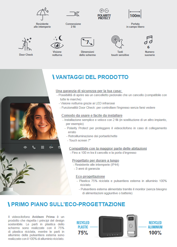 Avidsen Videocitofono a colori 2 fili con schermo 7'' Prima