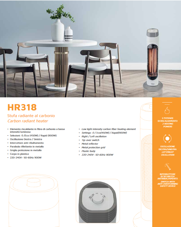 Stufa radiante al carbonio con oscillazione 900W HR318 - Bimar