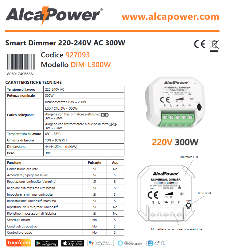Dimmer Smart Wi-Fi da pulsante 220-240V AC 300W - Alcapower
