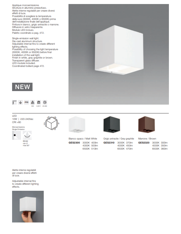GEA LUCE Applique per esterno monoemissione con alette regolabili CCT 10W IP65