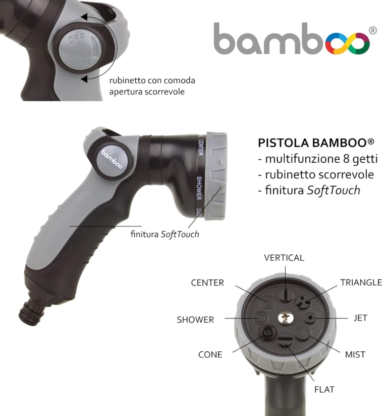 BAMBOO - Pistola Irrigazione Multifunzione SL-BB2117 | 8 Getti | Rubinetto Scorrevole | Finitura SoftTouch