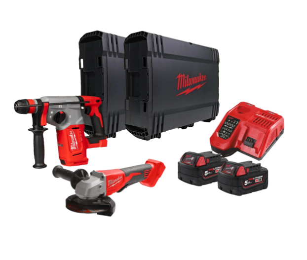 MILWAUKEE M18 BLPP2G-502X kit con tassellatore, smerigliatrice, due batterie e due valigette