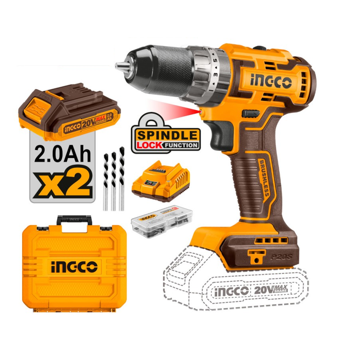 Trapano avvitatore a percussione 70 Nm BRUSHLESS 20V a batteria - INGCO