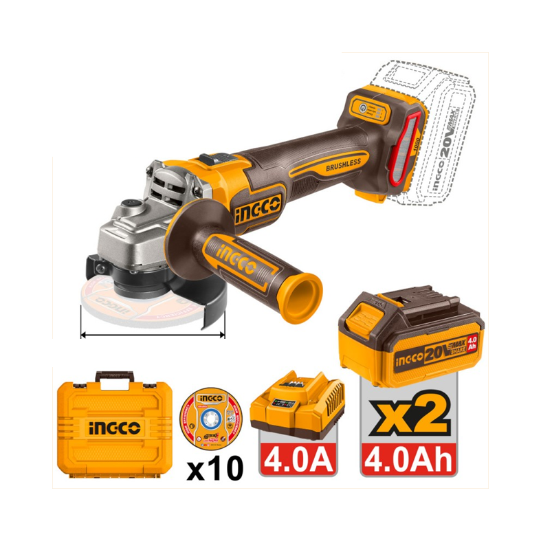 INGCO - Smerigliatrice Angolare Brushless CAGLI271532E | 20V 1000W | 115mm | 3 Velocita' | 2 Batterie 4Ah + 10 Dischi | Valigetta