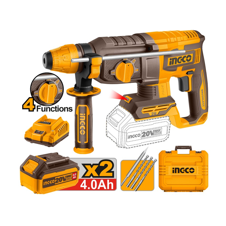 INGCO Martello demolitore 20V BRUSHLESS con 2 batterie da 4Ah e caricabatteria in valigetta