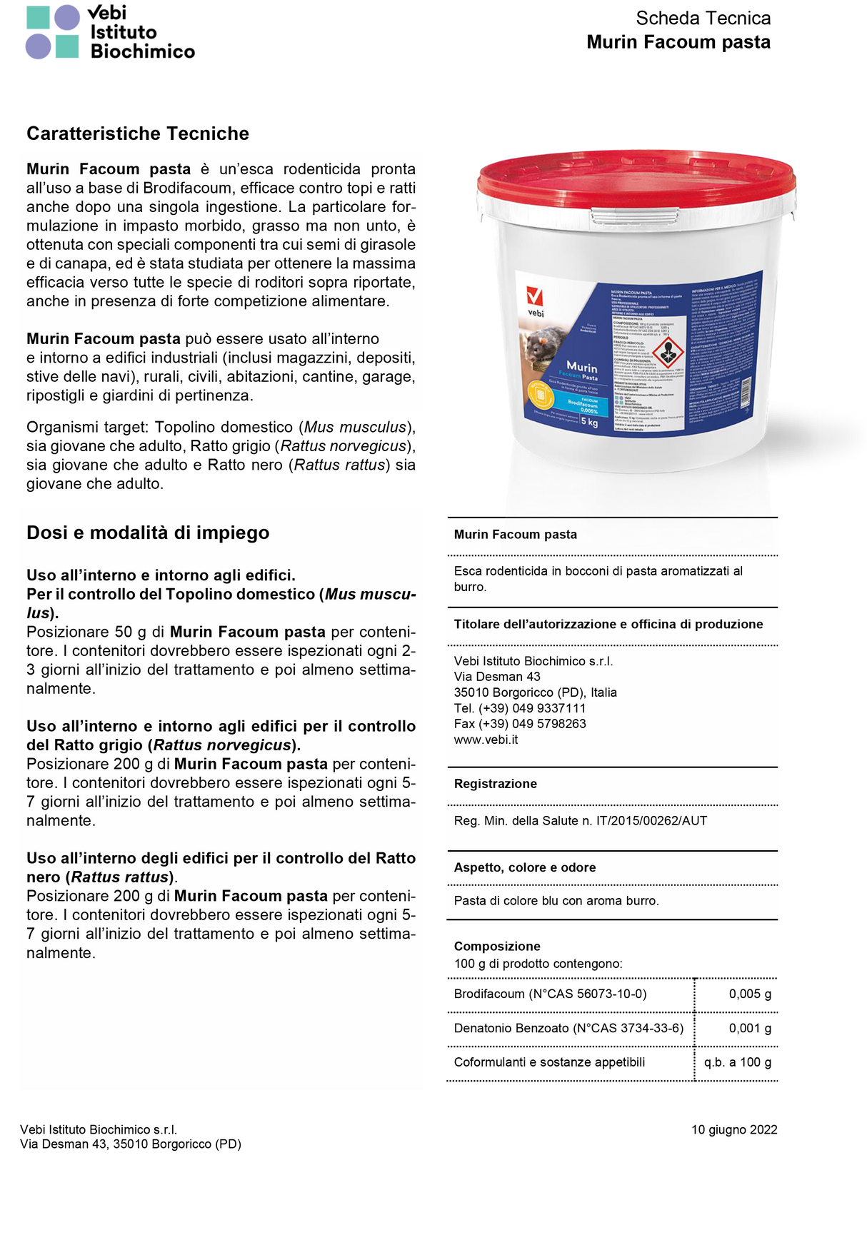VEBI - Murin Facoum Pasta | Esca Rodenticida Bocconi Pasta Fresca | Box 3 x 500g | Brodifacoum 0,005% | PT14