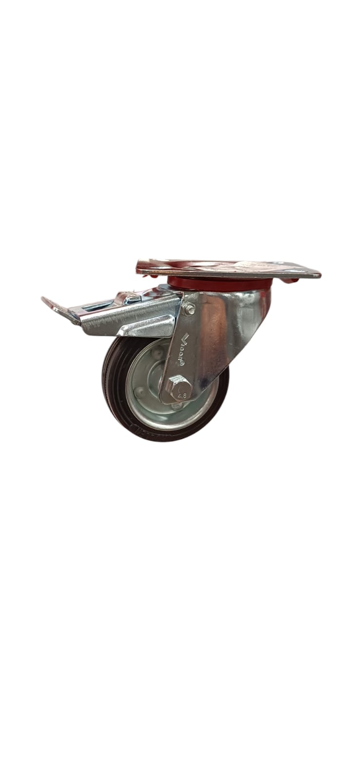 Ruota gommata girevole con freno e piastra 80x24mm