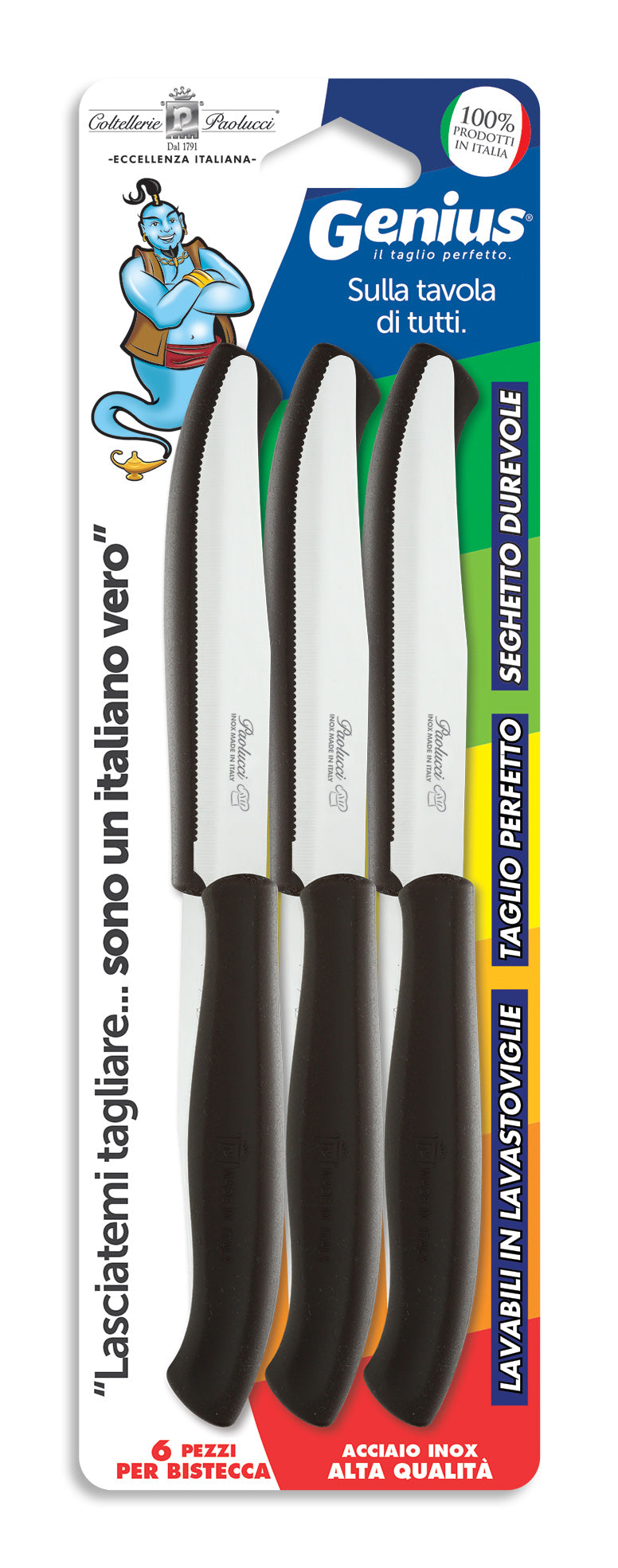 Coltellerie Paolucci Set 6 coltelli per bistecca lama seghettata cm.11 GENIUS