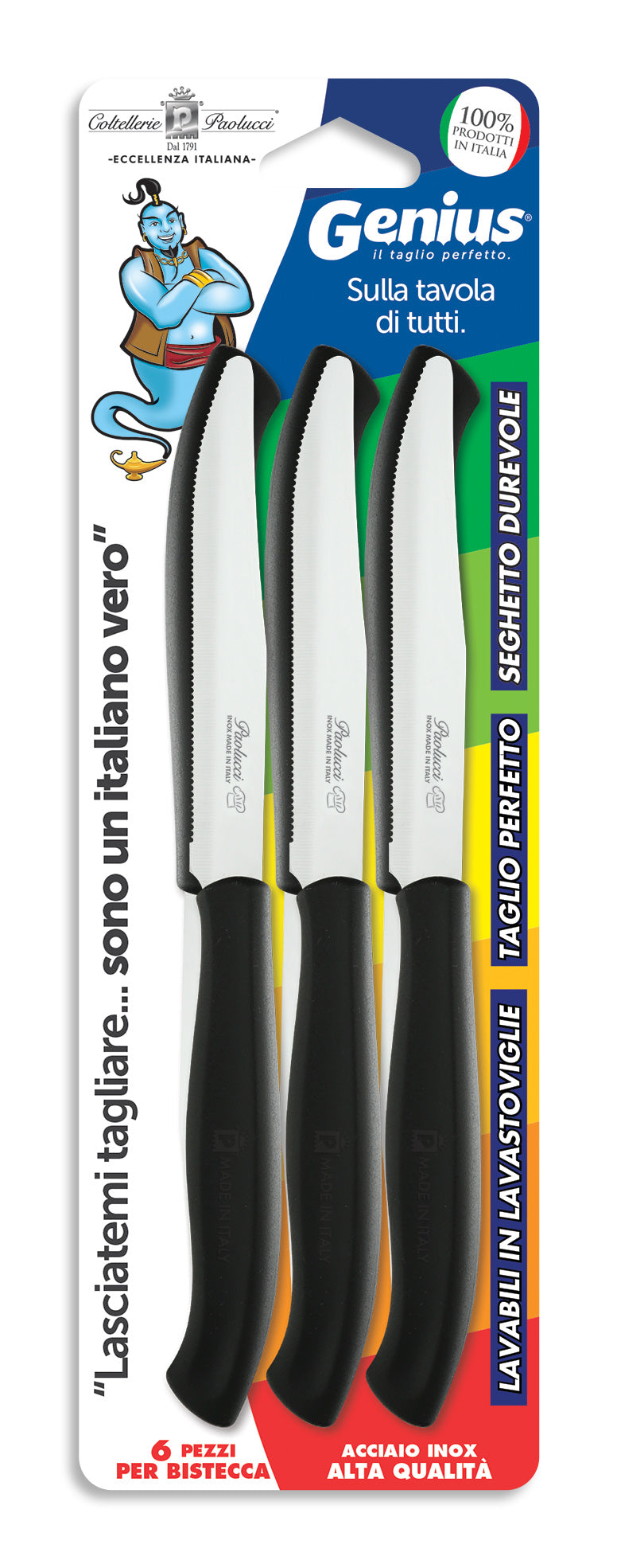 Coltellerie Paolucci Set 6 coltelli per bistecca lama seghettata cm.11 GENIUS