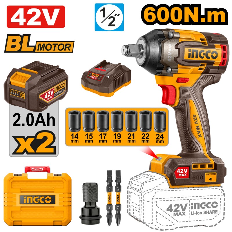 INGCO – 42V Akku-Schlagschrauber | 600 Nm | 1/2" | 2-Akku-Set