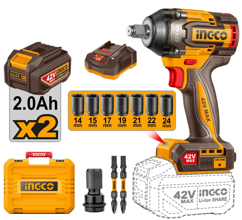 INGCO – 42V Akku-Schlagschrauber | 600 Nm | 1/2" | 2-Akku-Set