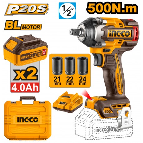 INGCO 1/2'' 500 Nm Schlagschrauber mit 2 x 20V 4Ah Akkus im Koffer