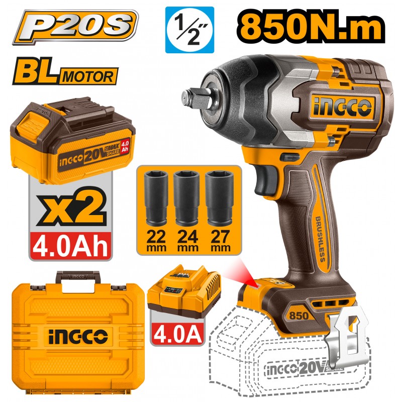 INGCO 1/2"-Schlagschrauber 850 Nm mit 2 x 20V 4Ah Akkus im Koffer