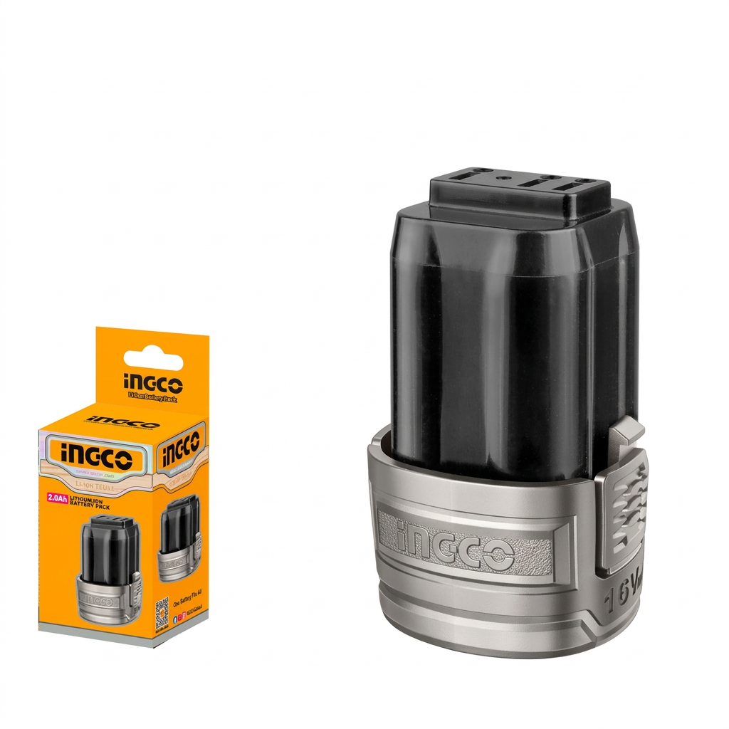 Batteria INGCO con confezione su sfondo bianco