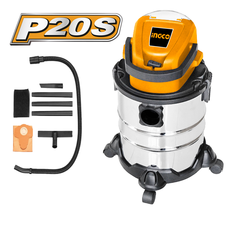 INGCO Bidone Aspirapolvere 20V CVLI2005E | 20L INOX | P20S | Solo Corpo | Wet & Dry | Senza Batteria