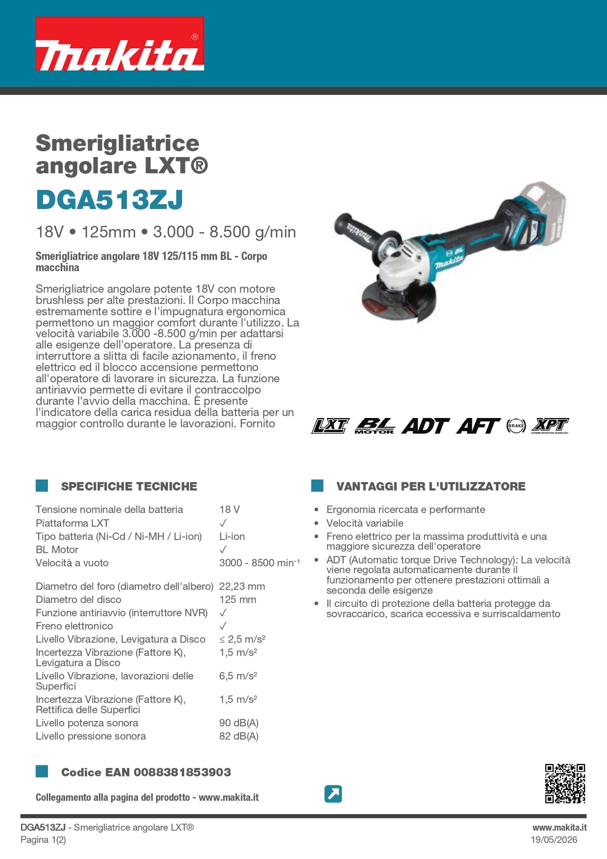 MAKITA - Smerigliatrice Angolare LXT DGA513ZJ | 18V Brushless | 125mm | Solo Corpo + Valigetta Makpac
