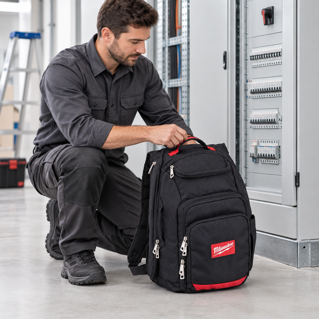 Elettricista con zaino portautensili Milwaukee