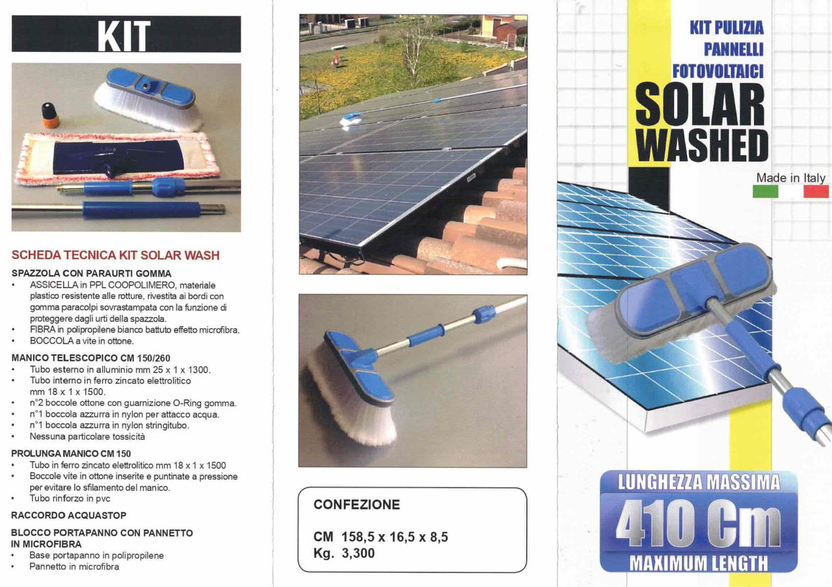 Viglietta - Kit Pulizia Pannelli Solari SOLAR-WASH | Manico Telescopico 150-410cm | Spazzola Microfibra | Portapanno | Raccordo Acquastop