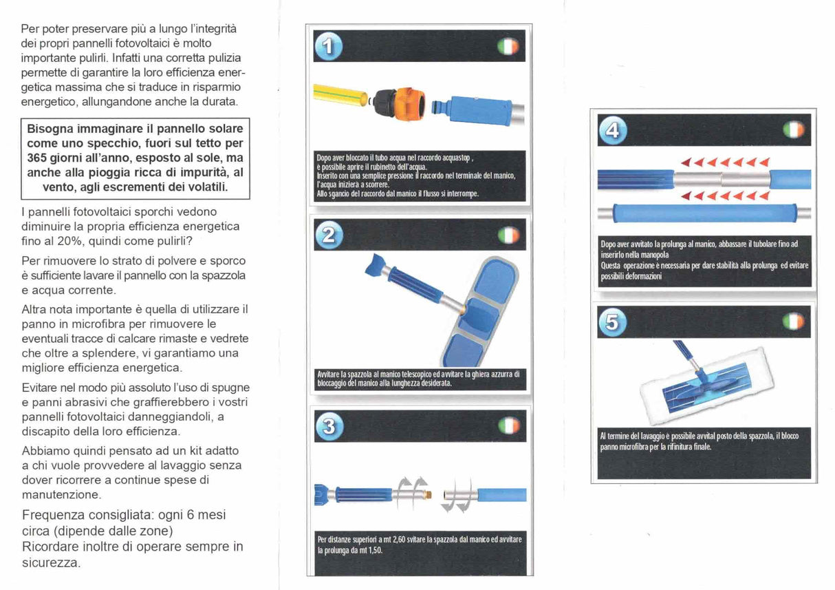 Viglietta - Kit Pulizia Pannelli Solari SOLAR-WASH | Manico Telescopico 150-410cm | Spazzola Microfibra | Portapanno | Raccordo Acquastop